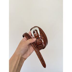 VINTAGE 28 weave braided inlay mexico Leather brown silver Chrome snake belt VTG